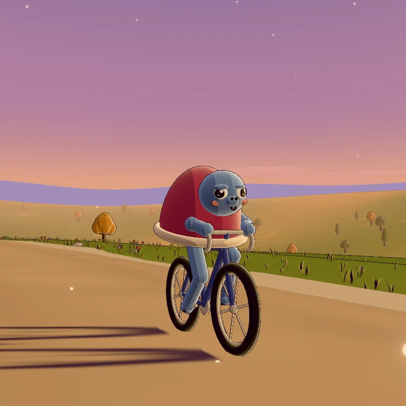 Cobble, a dusty-blue turtle with a berry-red domed shell and a cream rim, rides an indigo bike with a calm smile.