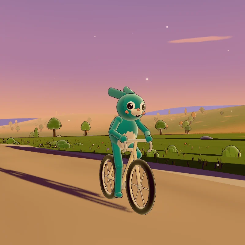 Lop, a teal rabbit with long ears and big dark eyes, rides a cream bike at sunset.