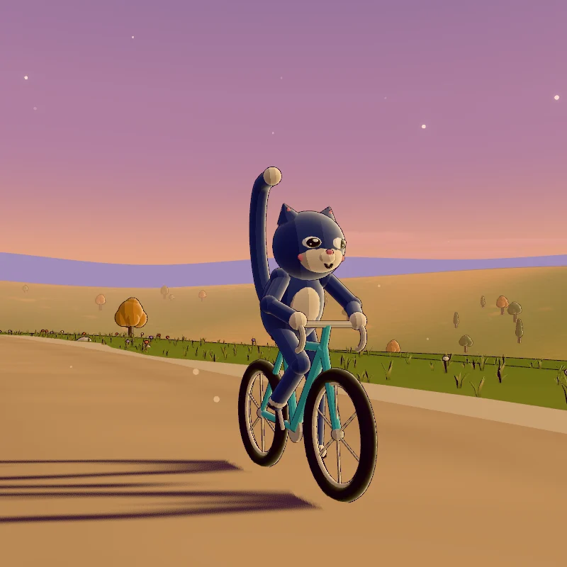 Whisk, a slate-blue cat with a cream face and a tall hooked tail, rides an aqua bike, glancing to one side.